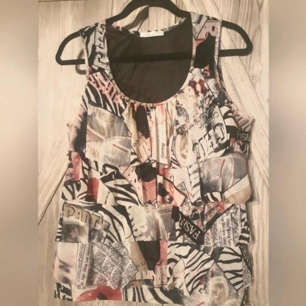 Zoe Pink Mesh Sleeveless Ruffle Top L